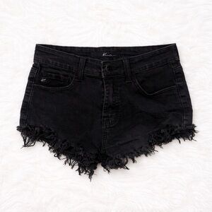 KanCan Black Distressed Denim Shorts Size 25 Stretch Frayed Hem Low Rise